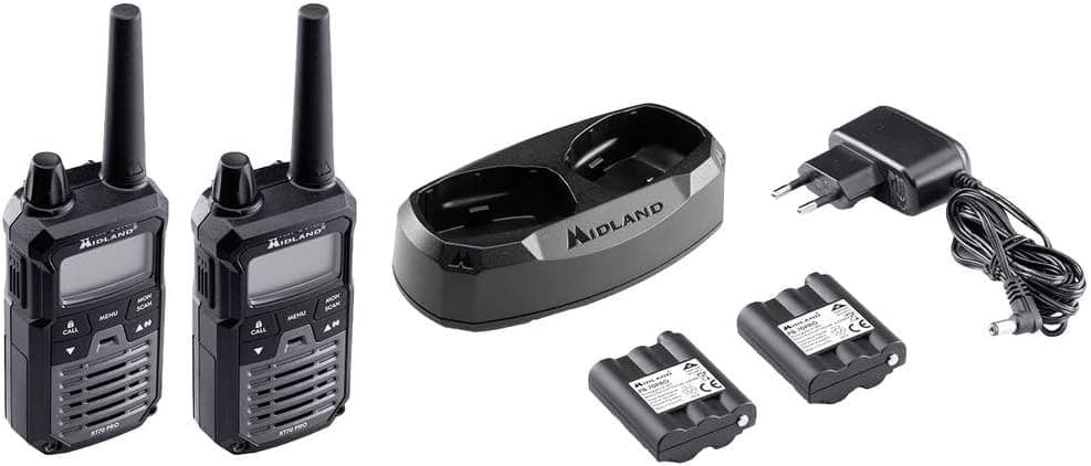 Midland XT70 PRO Duplo Walkie Talkie profissional de carregamento rápido, 101 canais PMR446 e canal RRM, 142 tons CTCSS, resistente à água IPX4, recarregável com USB, alcance de 12 km, preto/cinzento