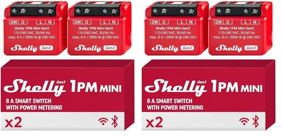Shelly 1 PM Mini Gen3, relé interruptor inteligente WiFi e Bluetooth, 1 canal 8A com medidor de consumo, compatível com Alexa e Google Home, aplicação iOS Android (embalagem de 4)