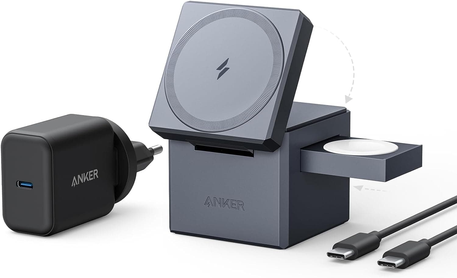 Anker Cubo 3 em 1 com MagSafe, potência máxima de carregamento sem fios de 15 W, compatível com iPhone 16/15/14/13 Series, Apple Watch Series e AirPods Pro