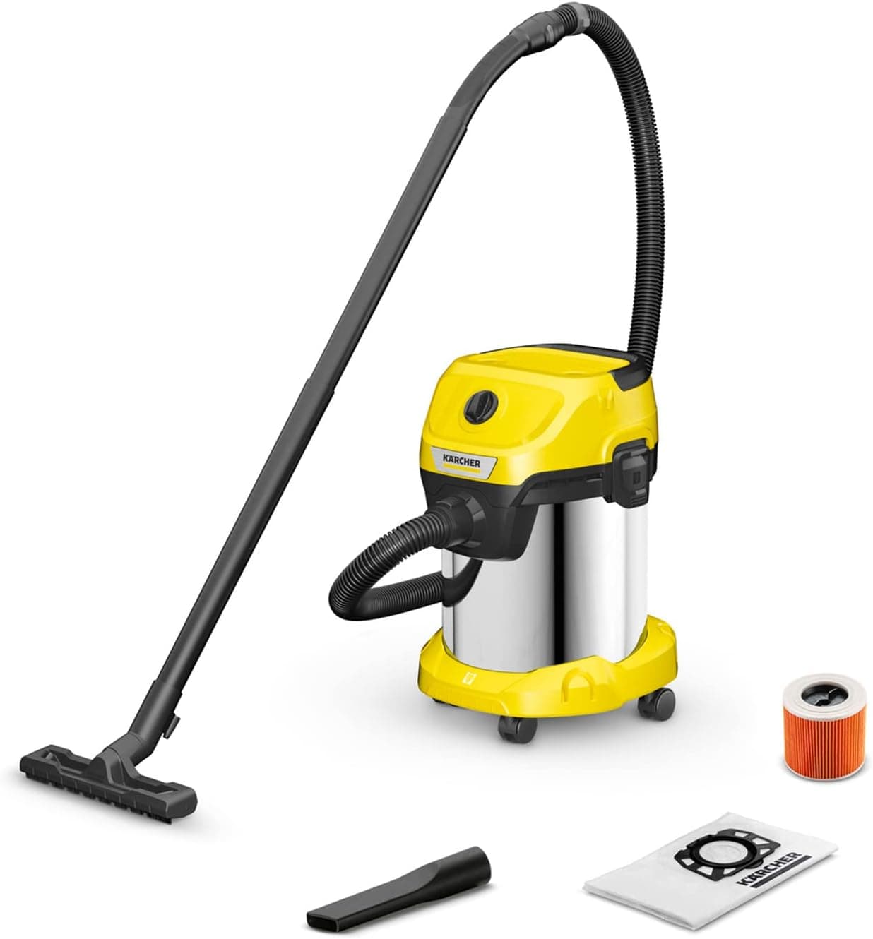 Kärcher Aspirador a seco e húmido WD 3 S V-17/4/20, tomada, filtro cartucho, filtro de feltro, 1000 W, depósito de aço inoxidável 17 l, mangueira de vácuo: 2 m, cabo: 4 m, função de sopro