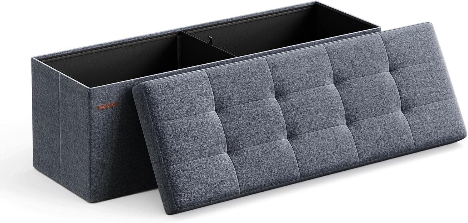 Songmics Puff de arrumação, baú de armazenamento dobrável, 38 x 110 x 38 cm, banco de apoio, suporte até 300 kg, para sala de estar, quarto, entrada, azul-névoa LSF077Q01