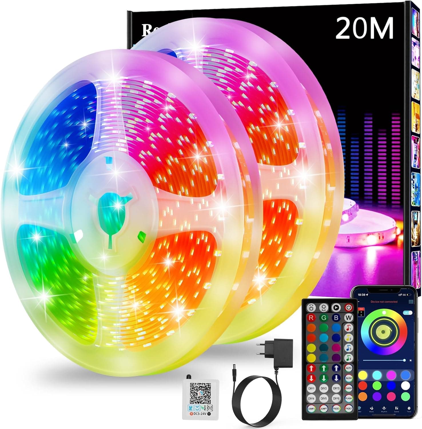Faixa LED, luzes LED 20 metros, luzes LED de quarto, RGB Bluetooth tiras LED luz autocolante com controlo remoto e controlo inteligente de APP, muda de cor com música (2 x 10 m) 
