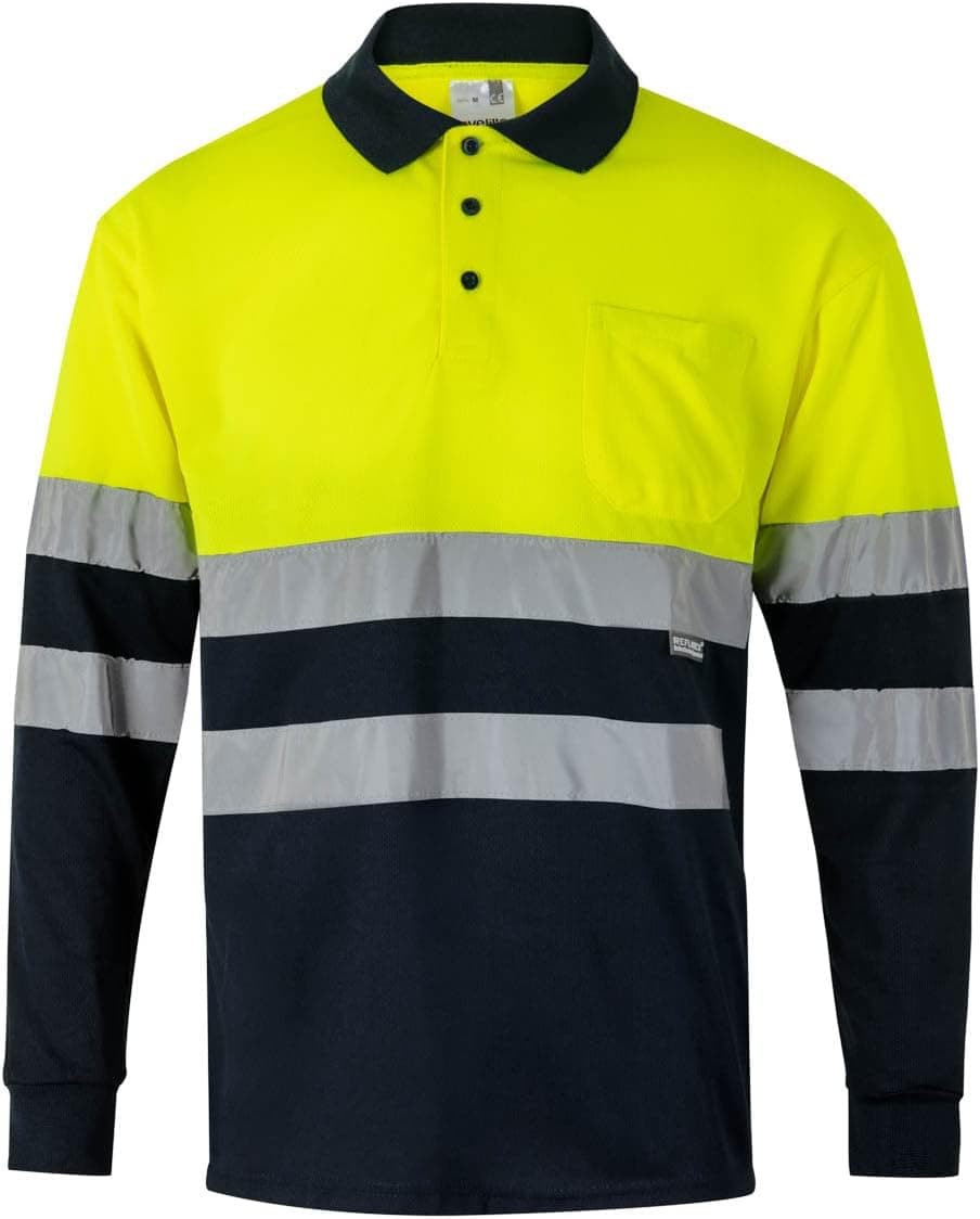 Velilla 175; polo bicolor manga comprida; azul-marinho e amarelo fluorescente, tamanho M