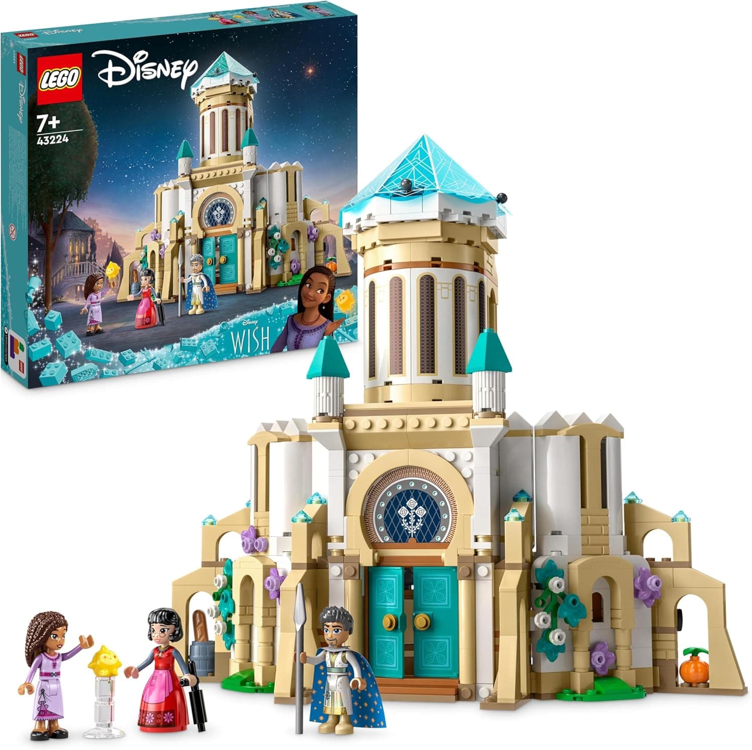 LEGO 43224 Disney Wish castelo do rei magnífico, brinquedo do filme Wish com mini bonecas da ASHA, Dahlia e rei magnífico e figura de estrela, meninas e meninos de 7 anos