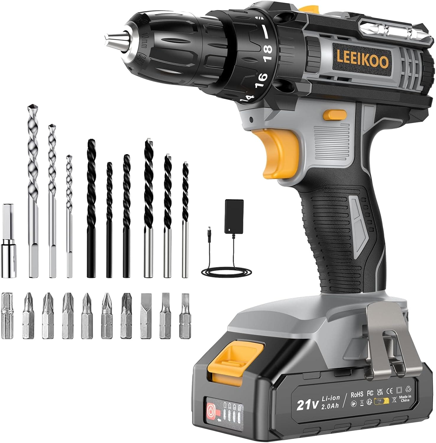 Broca parafuso bateria, LEEIKOO parafuso elétrico 21 V, 42 N.m com baterias 2,0 Ah, 18 + 1 ajuste de par, 2 velocidades, luz LED, 20 acessórios para casa, bricolagem, cinzento