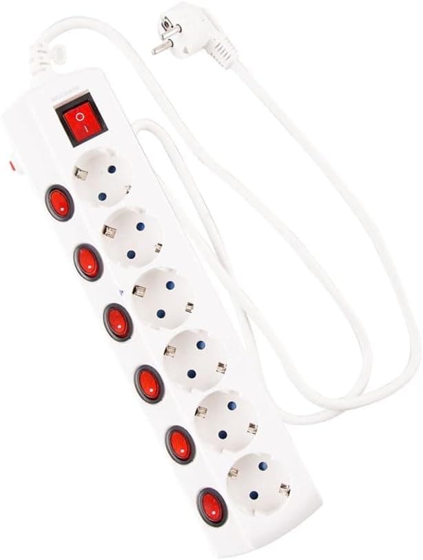 Extensão branca de 6 tomadas com interruptor individual, proteção contra picos de tensão, retrátil, 1,5 m, proteção infantil