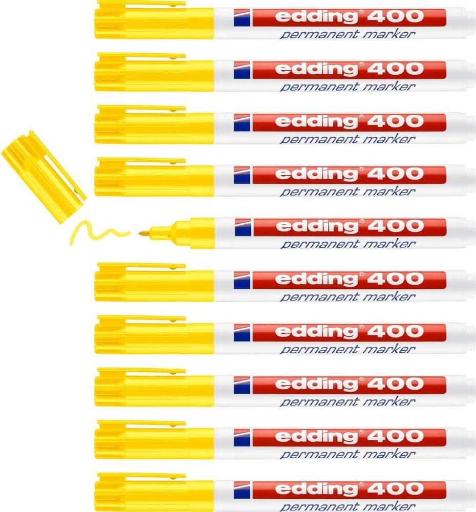 edding 400 Marcador permanente - amarelo, 10 marcadores, ponta fina redonda de 1 mm, impermeável, de secagem rápida, marcadores indeléveis, para cartão, plástico, madeira, metal, vidro