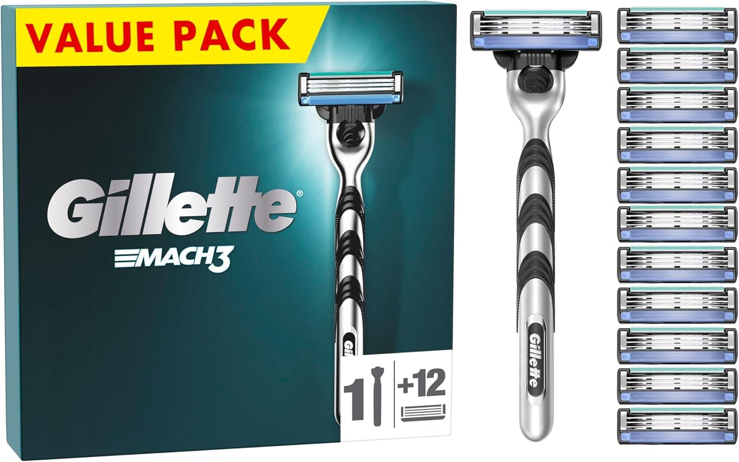 Gillette Mach3 Máquina de barbear homem 12 lâminas de substituição (a embalagem pode variar), lâminas de barbear