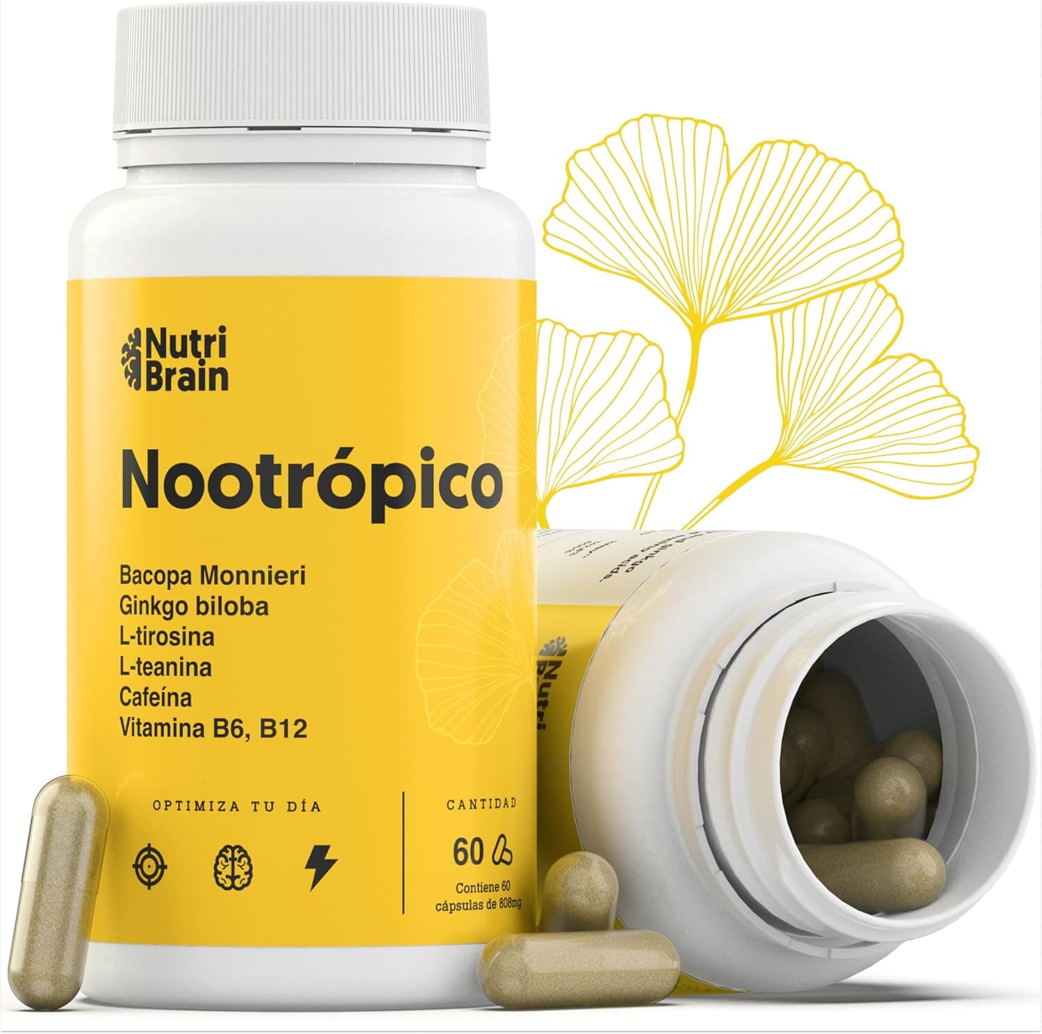 Nootrópico Concentrado | Energia, memória e concentração | Cafeína, L-tirosina, baacopa, Ginkgo, L-Teanina, B6, B12 | Fórmula de efeito duplo: Imediato e prolongado, 7 ingredientes