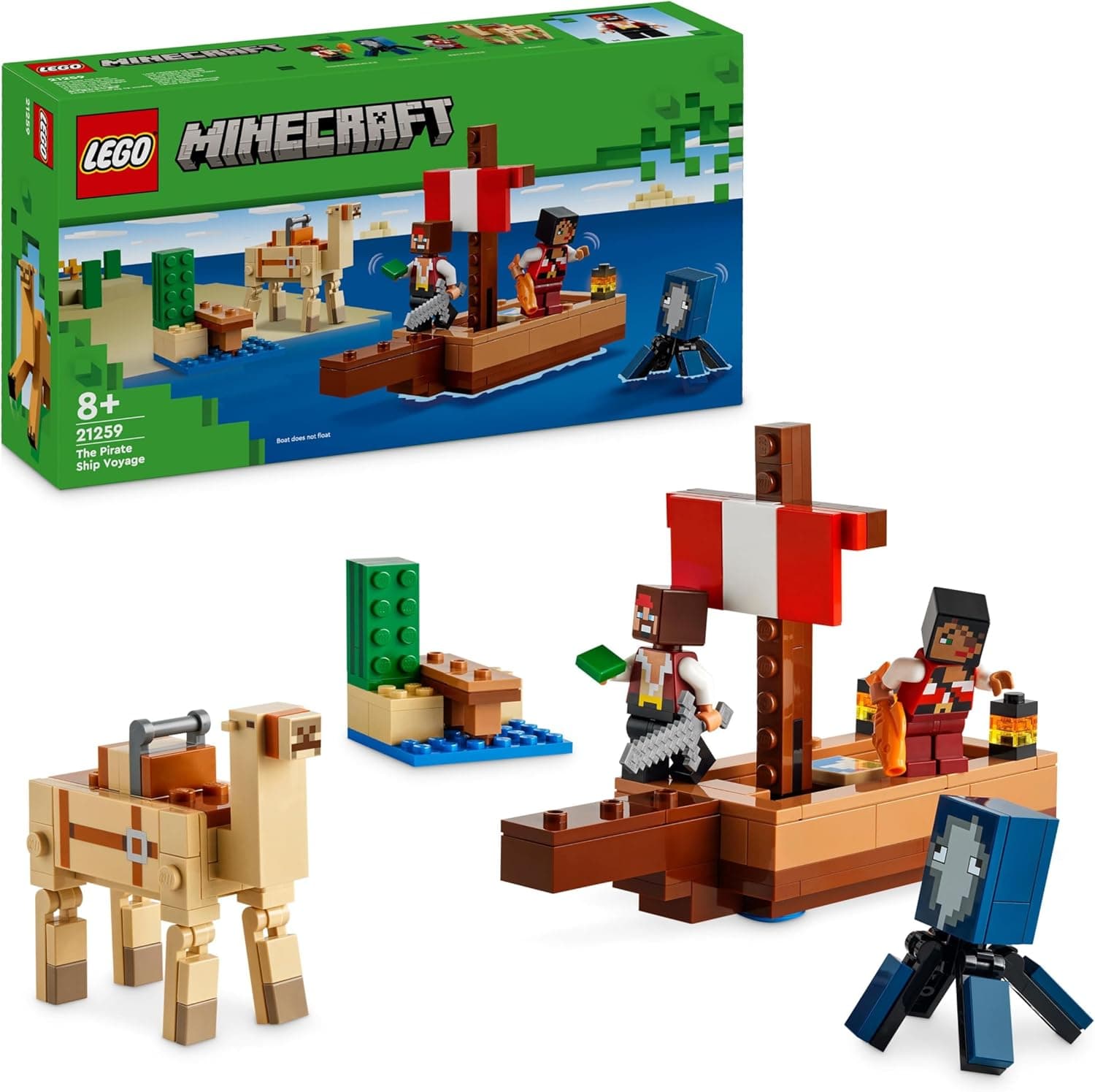 LEGO Minecraft A viagem no barco pirata de brinquedo com figuras de animais peixe, lula, camelo e miniatura de piratas para o dramatização, presente Gamer para meninos e meninas de 8 anos ou mais