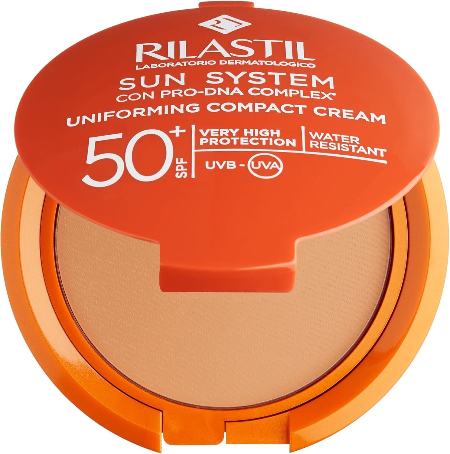 Rilastil Sun System - Base compacta com Spf 50+, corrige imperfeições e unifica o tom, resistente à água, tom dourado, 10 g