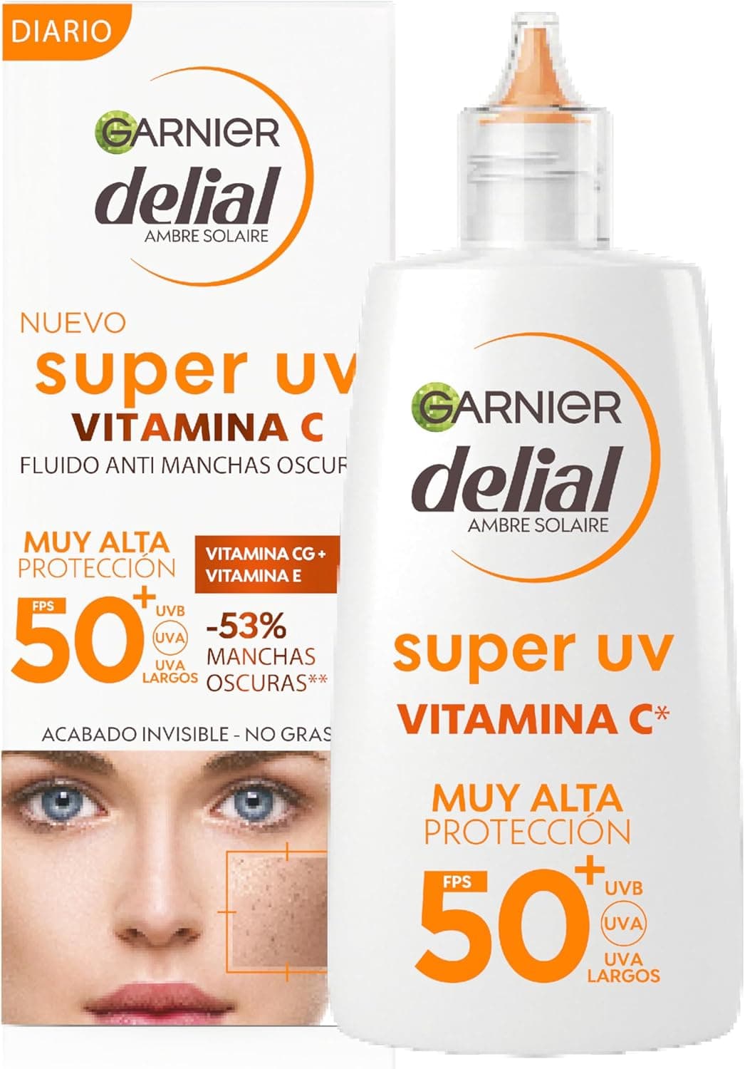 Garnier Delial | Fluido facial protetor solar diário SPF50+ anti-manchas com vitamina C, 40 ml