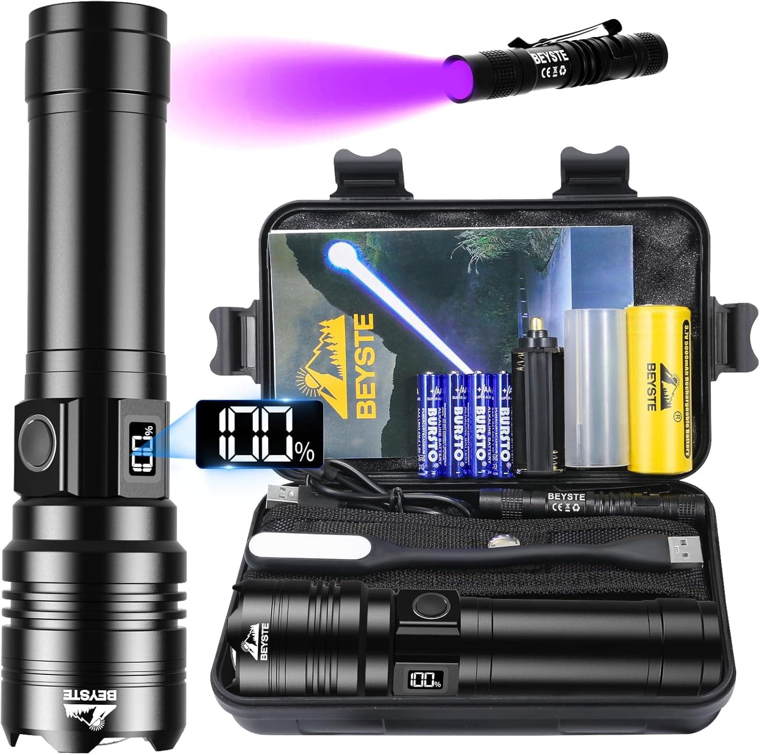 BEYSTE Lanternas LED de alta potência, 50 0000 lúmenes lanterna LED recarregável, lanterna potente e longo alcance, lanterna militar de alta potência, impermeável Flashlight para emergências campismo