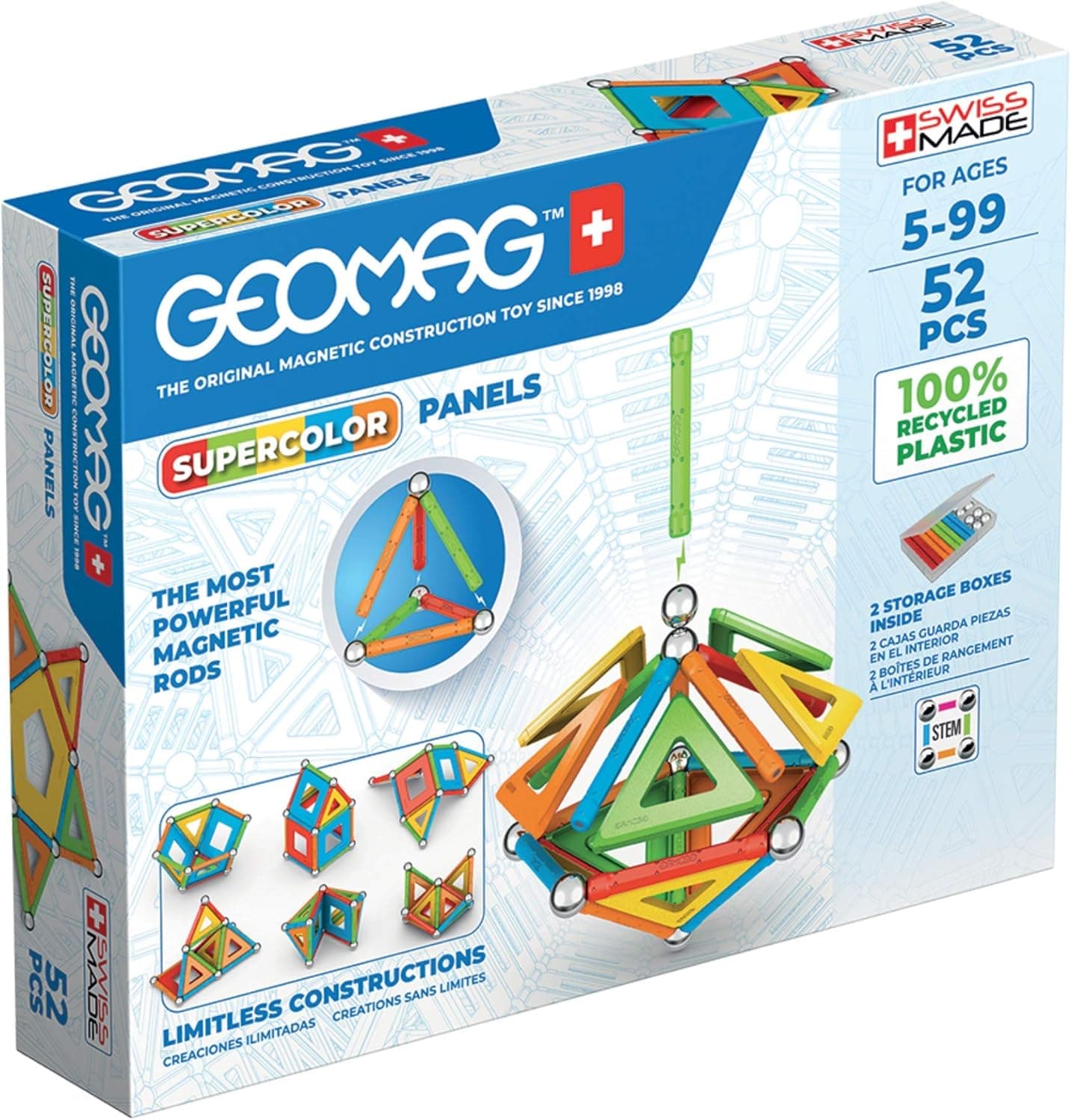 Geomag Supercolor | Conjunto de blocos de construção magnéticos em plástico reciclado com 52 peças para crianças