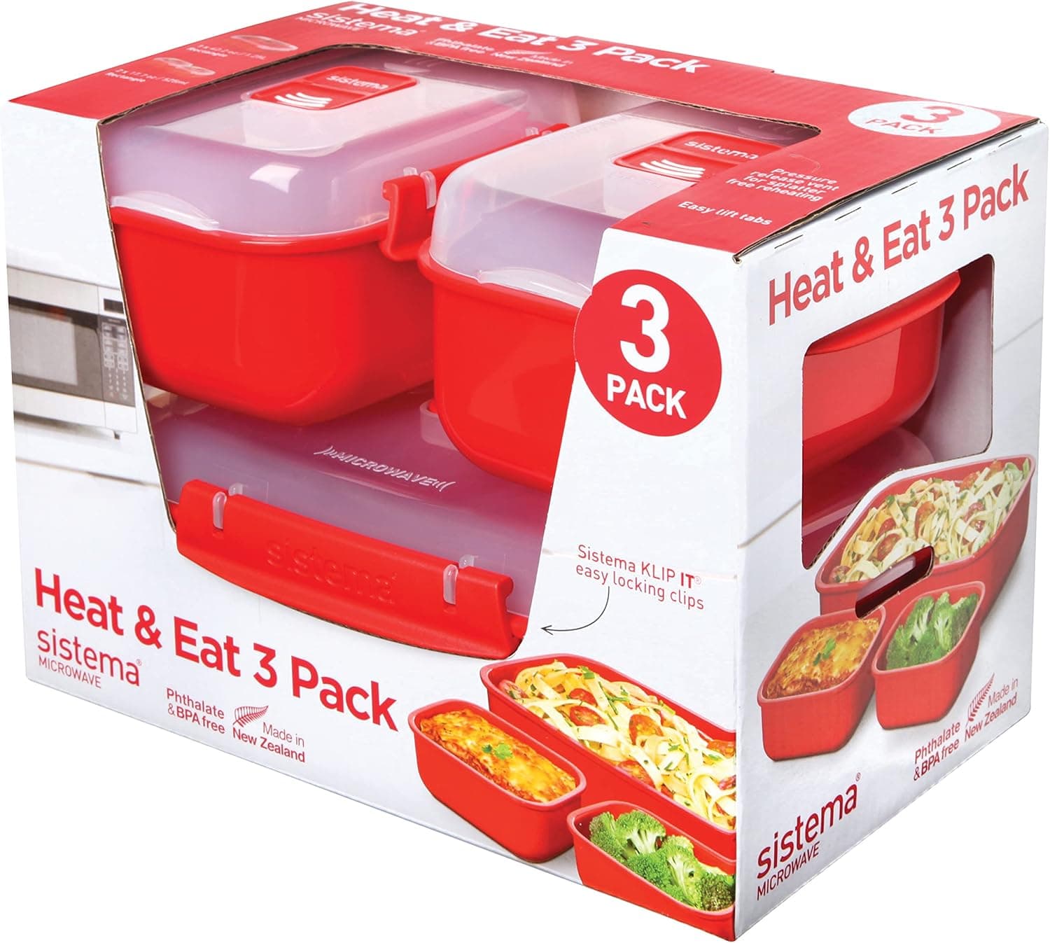 Sistema Heat & Eat Recipientes para micro-ondas | Caixas empilháveis com tampas herméticas com fecho de clip | Vermelho/transparente | Pacote de 3