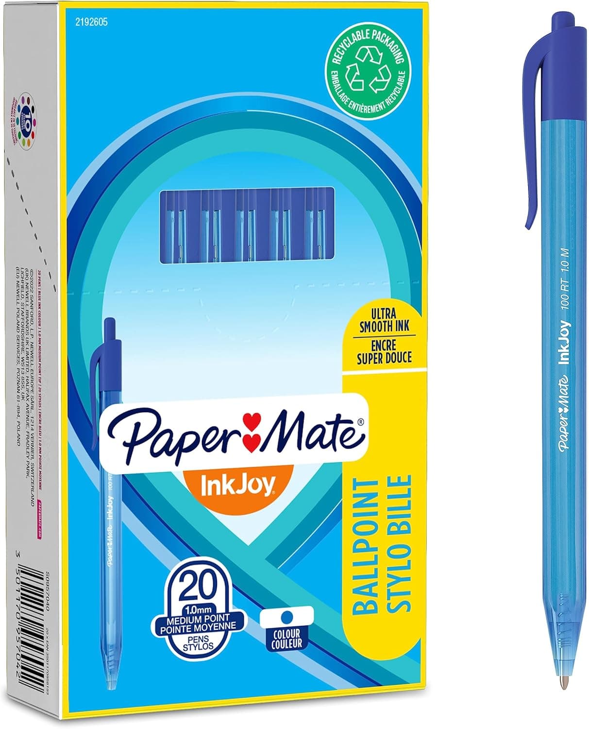 Paper Mate InkJoy 100RT Caneta retrátil | ponta média (1,0 mm) | azul | pacote de 20