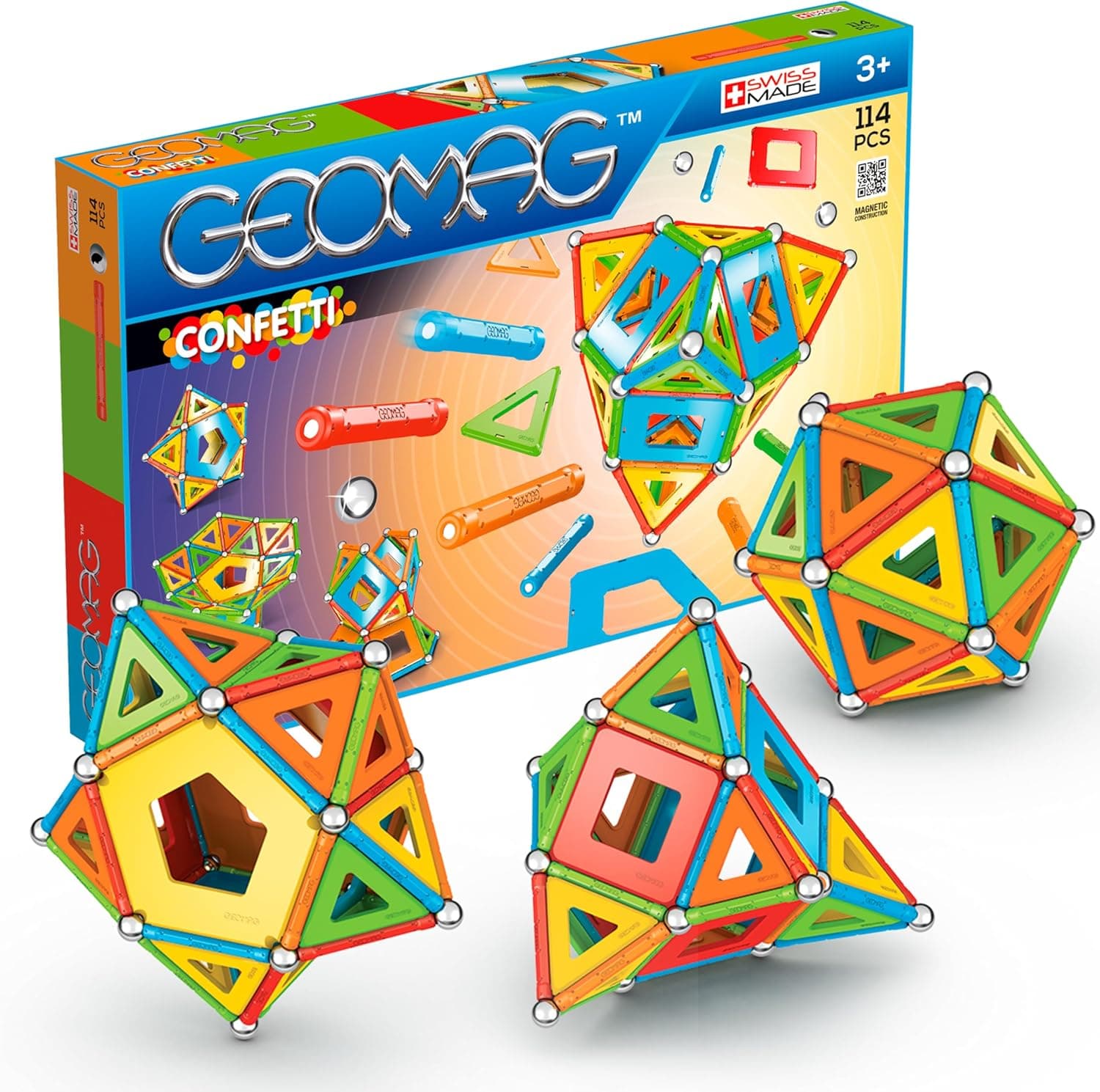 GEOMAG - CLASSIC CONFETTI 114 peças - blocos de construção magnéticos para crianças de 3 anos - fabricado na Suíça - 36 bolas, 38 bares, 38 peças, 2 bases - construção 3D - conjuntos magnéticos