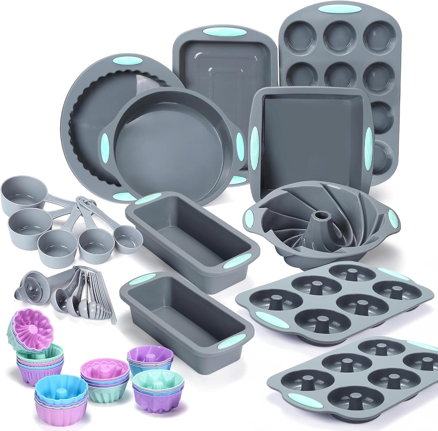 Tongjude Conjunto de 51 peças de silicone para forno, frigideira antiaderente para forno, molde de silicone para bolos, cinzento