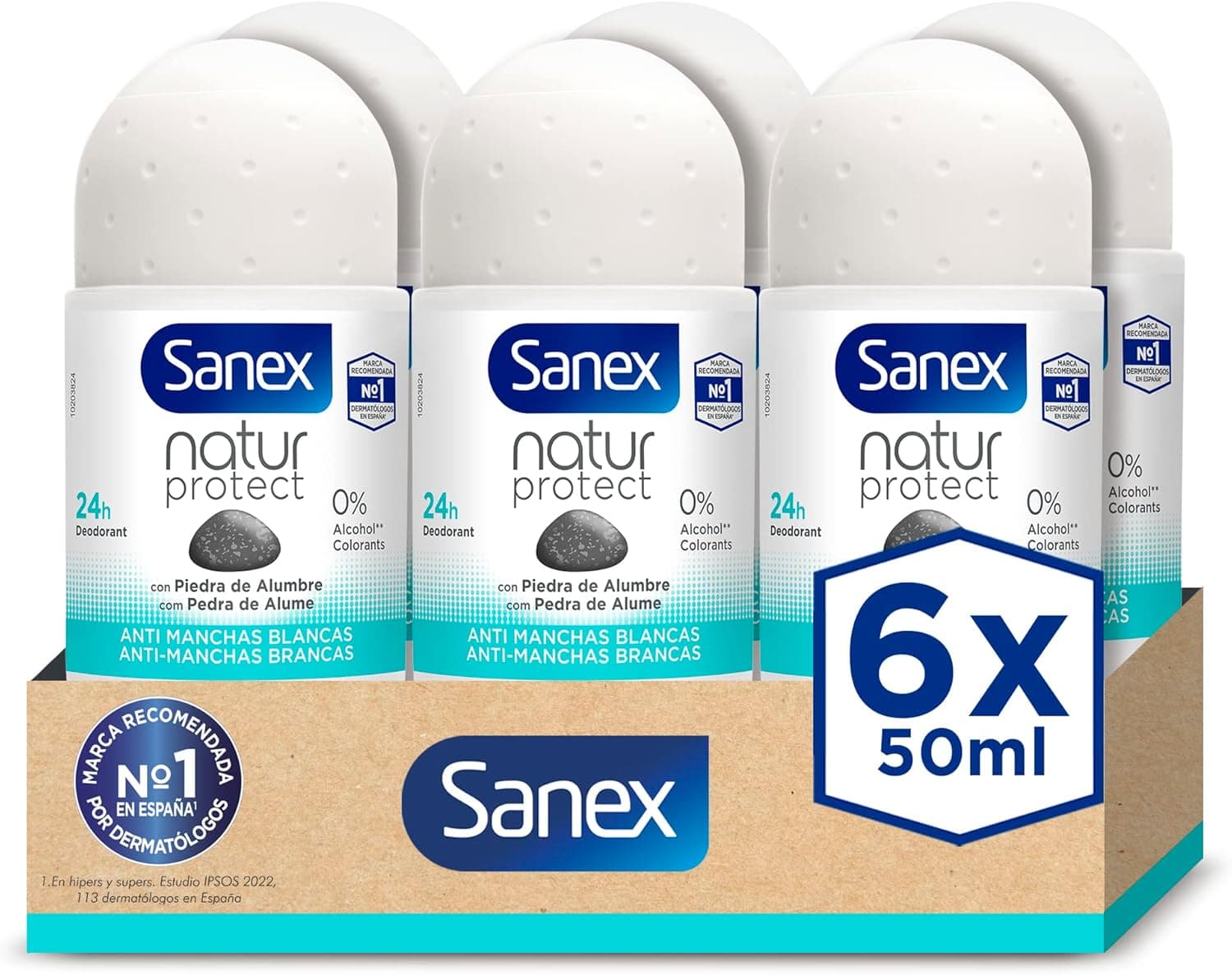 Sanex Natur Protect Desodorante Roll-On, conjunto de 6 unidades x 50 ml, proteção contra o mau odor, com pedra de luz, 0 % álcool, sem alérgenos ou cores, antiderrapantes, anti-manchas brancas