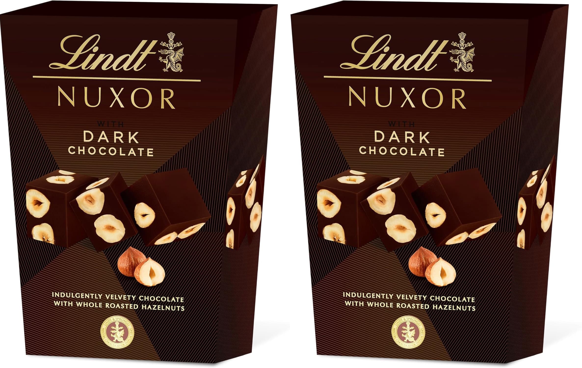 Lindt Nuxor Chocolate de chocolate preto e avelãs, chocolate Lindt, chocolate com frutos secos, bombons para oferecer, 150 g x 2