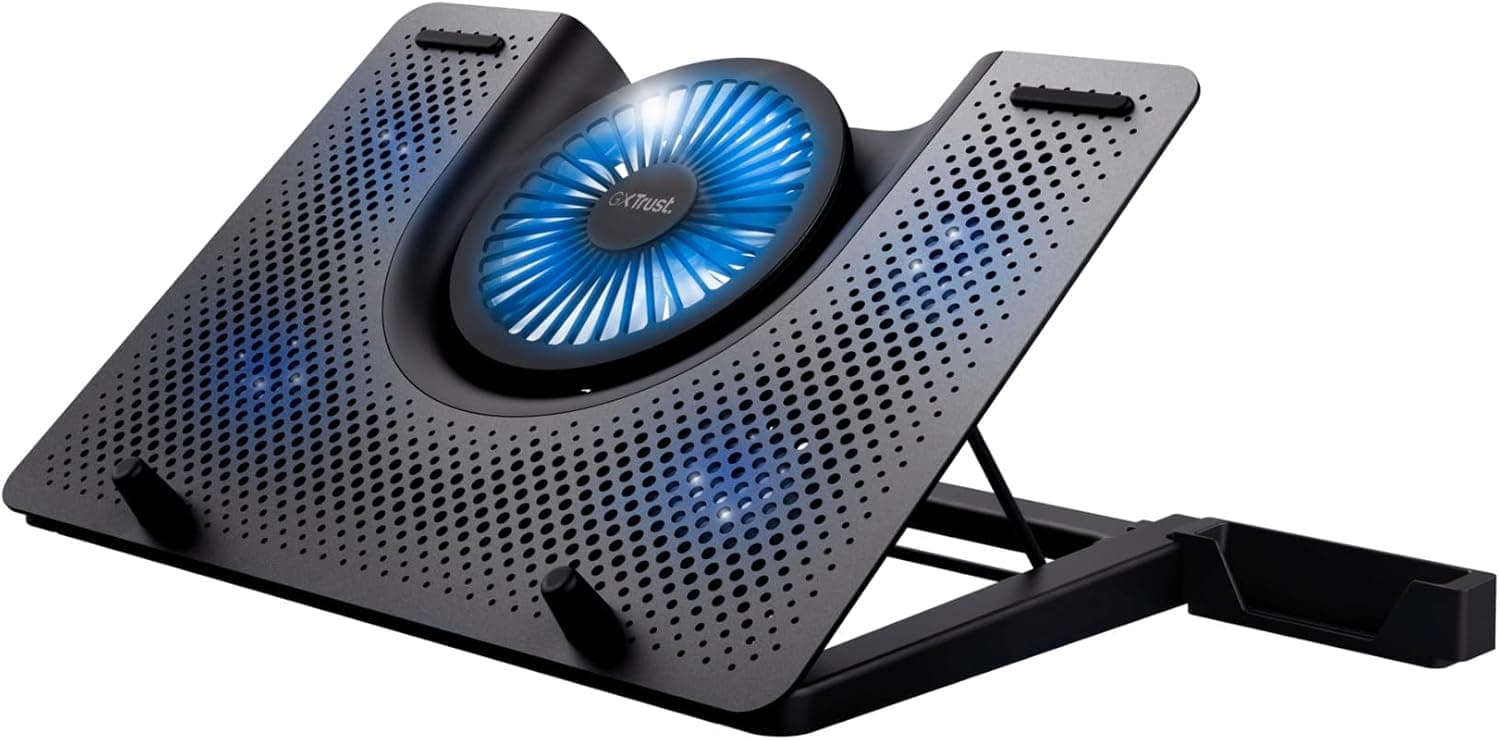 Trust Gaming GXT 1125 Quno Base de refrigeração para portáteis Gaming de 17,3", iluminação azul, 5 ventiladores, elevador para portátil com suporte para telemóvel, alimentação USB - preto