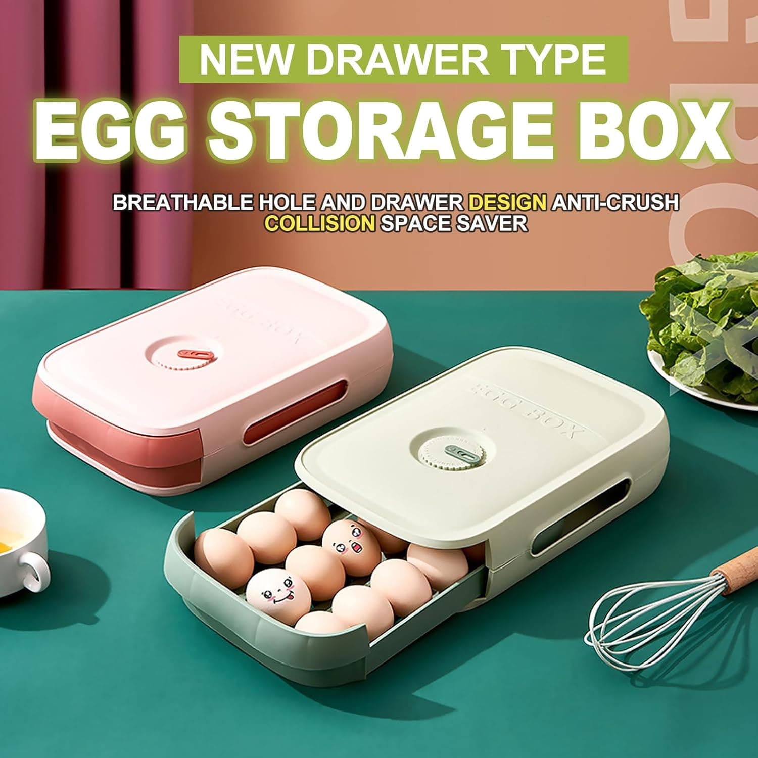 Qaestuan Organizador de ovos para frigorífico com data, tipo gaveta, bandeja de ovos para 21 ovos, verde