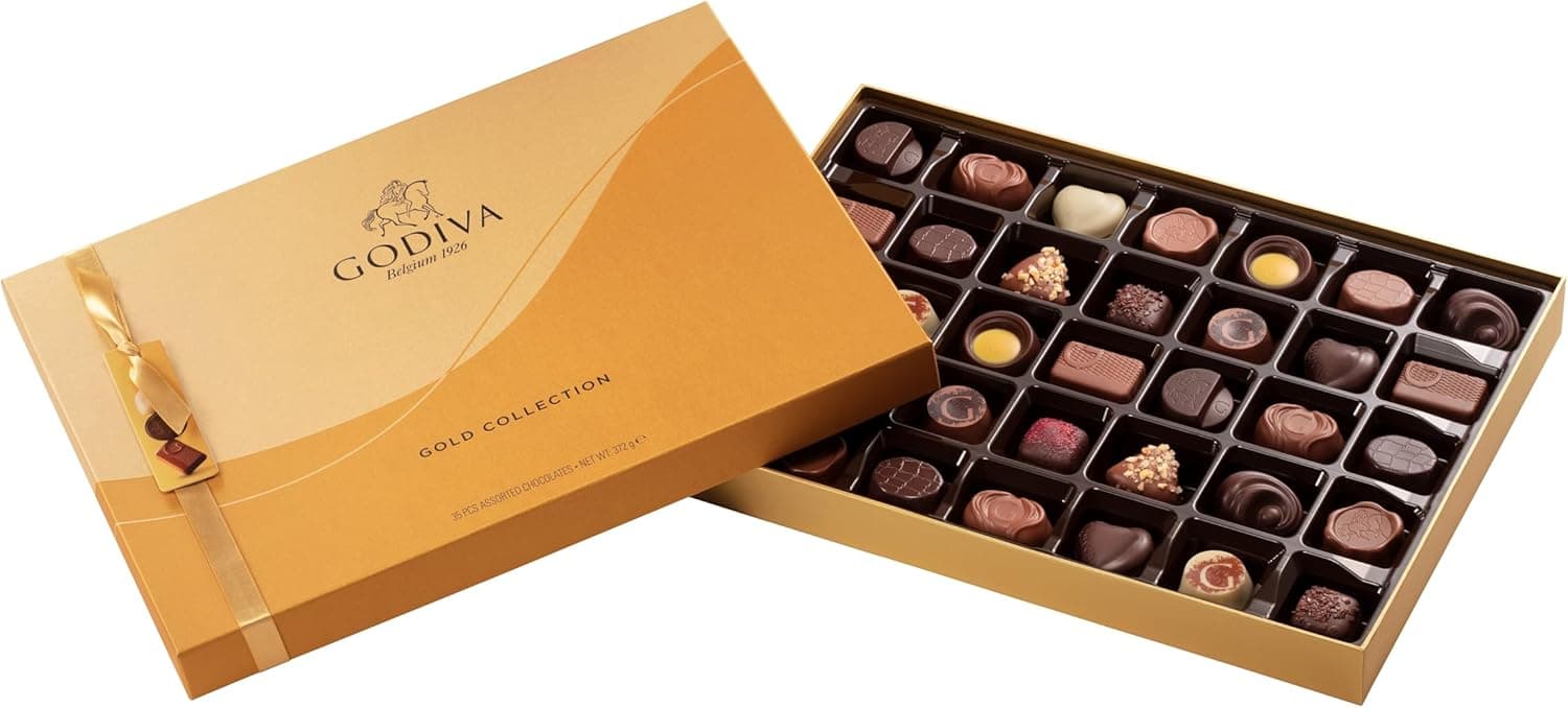 Godiva Chocolatier Gold Caixa rígida - chocolate com leite, preto e branco enchimento de ganache, doce delicioso, palinês macio e outros enchimentos deliciosos - 35 peças / 370 g