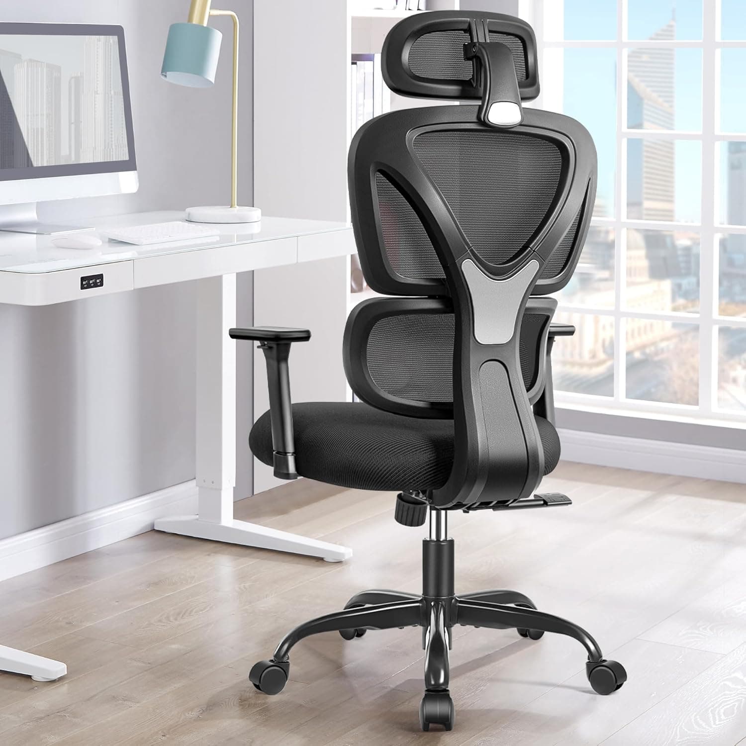 KERDOM Cadeiras ergonómicas escritório, cadeira de secretária com suporte lombar, encosto de cabeça ajustável, apoio de braços, cadeira giratória para computador, preto 360°