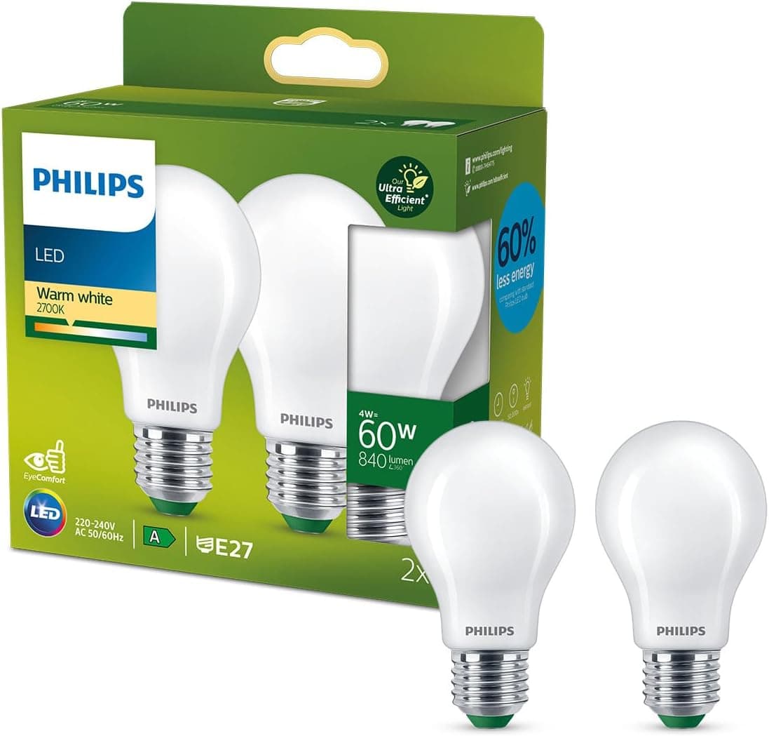 Philips Lighting Lâmpada LED ultraeficiente, 4 W equivalente a 60 W, E27 A60, luz quente 2700 K, eficiência energética A, pack 2 unidades