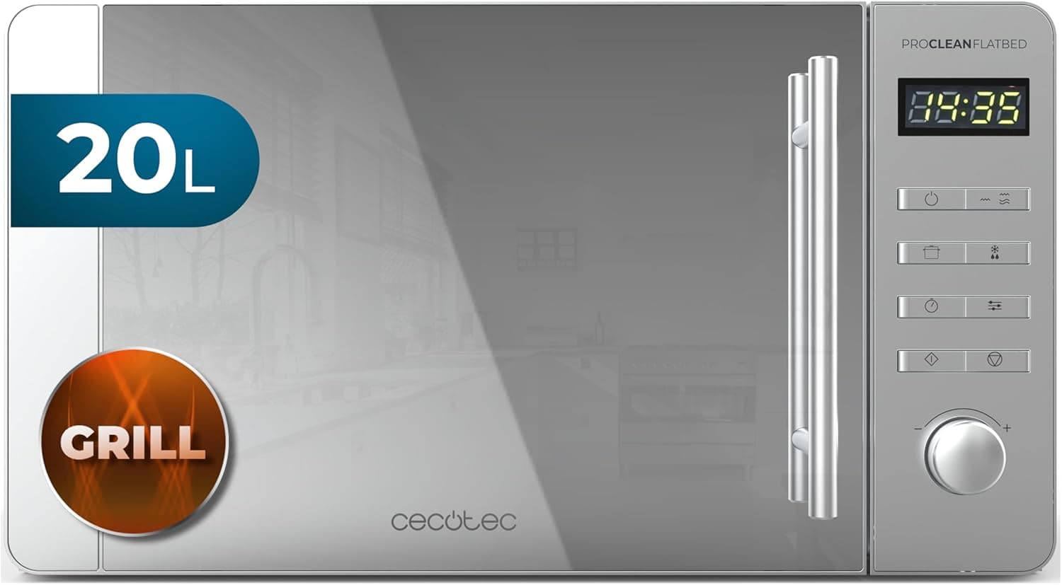 Cecotec Microondas Proclean 5120 Flatbed, 20 L. Inox Potência de 700 W e brilho de 800 W, 8 programas, ecrã LED, design Mirrordoor, interior cerâmico, temporizador 30 min, tecnologia 3Dwave