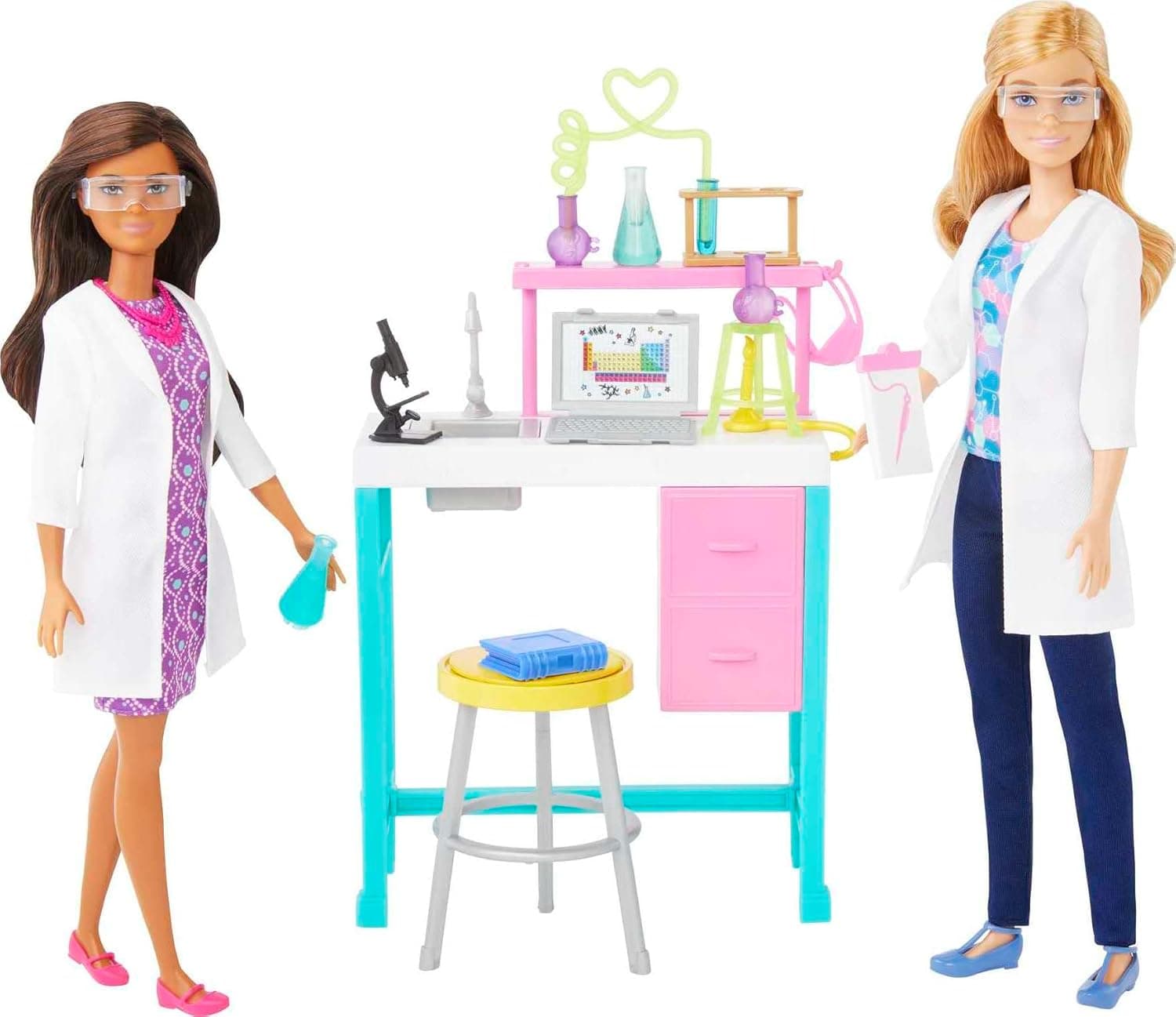 Barbie Laboratório científico conjunto de conjunto com 2 bonecas, mesa de laboratório e mais de 10 acessórios, HJY95