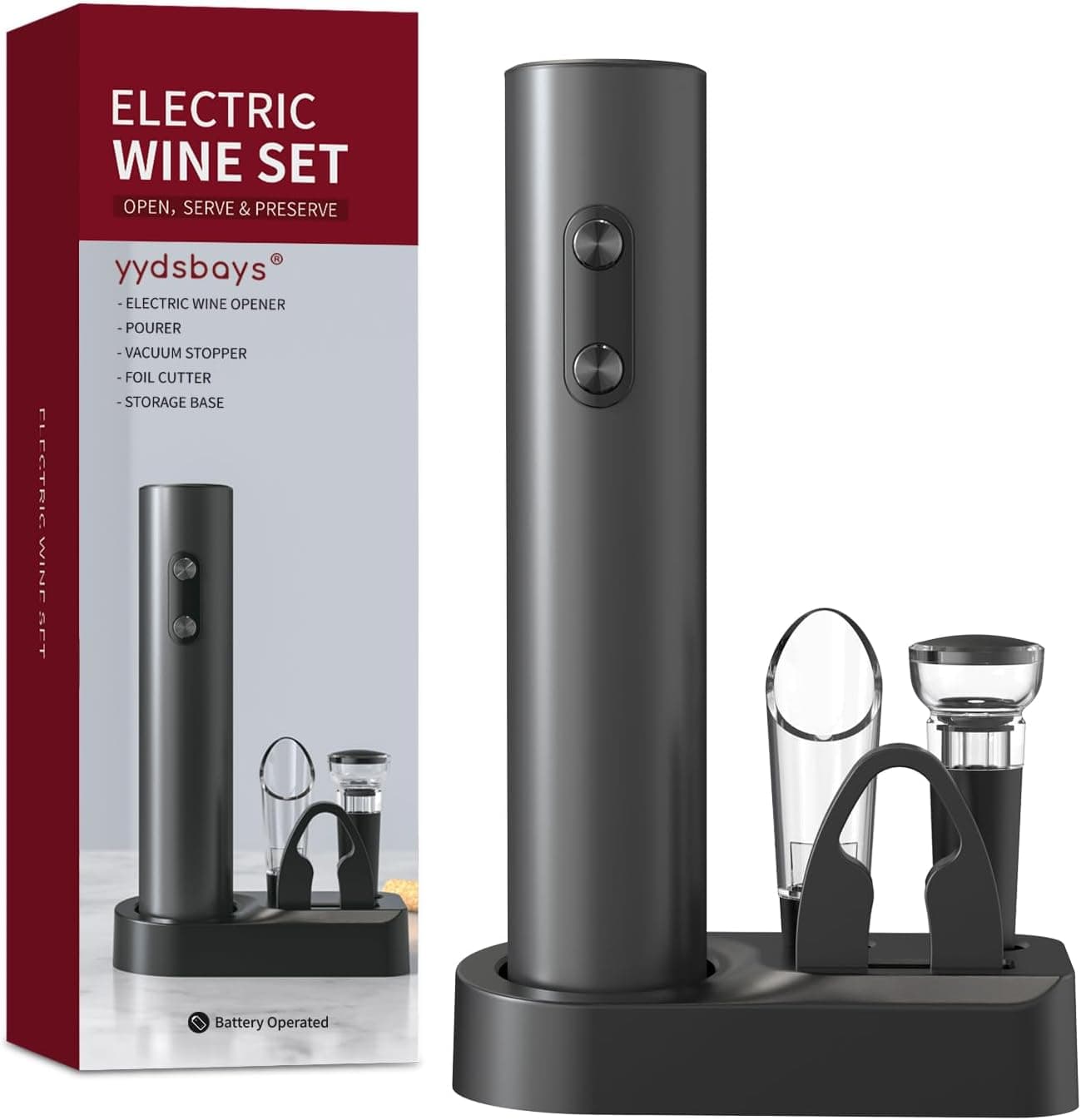 Saca-rolhas elétrico abridor de garrafas de vinho elétrico automático profissional abre-garrafas para presente de amantes do vinho (preto, jogo base, motorizado a bateria)