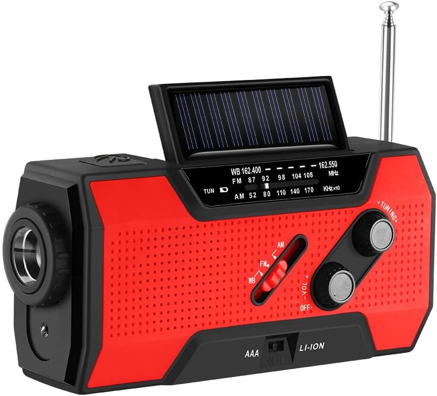 AOZBZ Manivela solar para emergências, rádio meteorológica de emergência, bateria externa de 2000 mAh, lanterna brilhante, candeeiro de leitura para emergências, campismo e ao ar livre