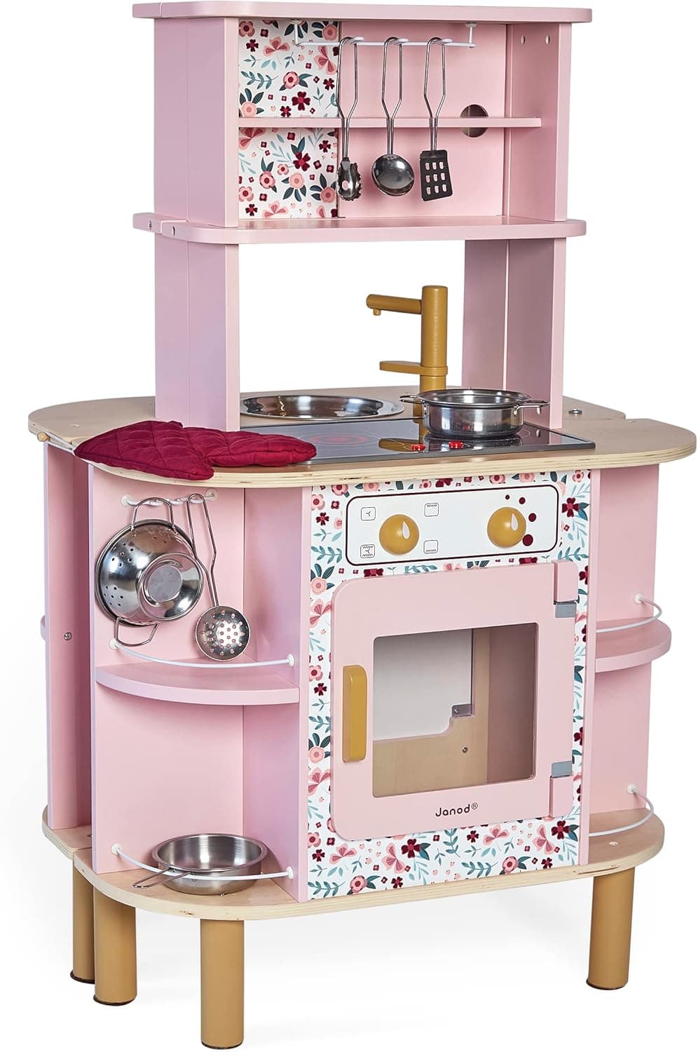 Janod Madeira infantil Twist-cozinha reversível, 8 acessórios para forno, botões giratórios, placa sonora - A partir de 3 anos, J06616, cor-de-rosa, M (JURATOYS