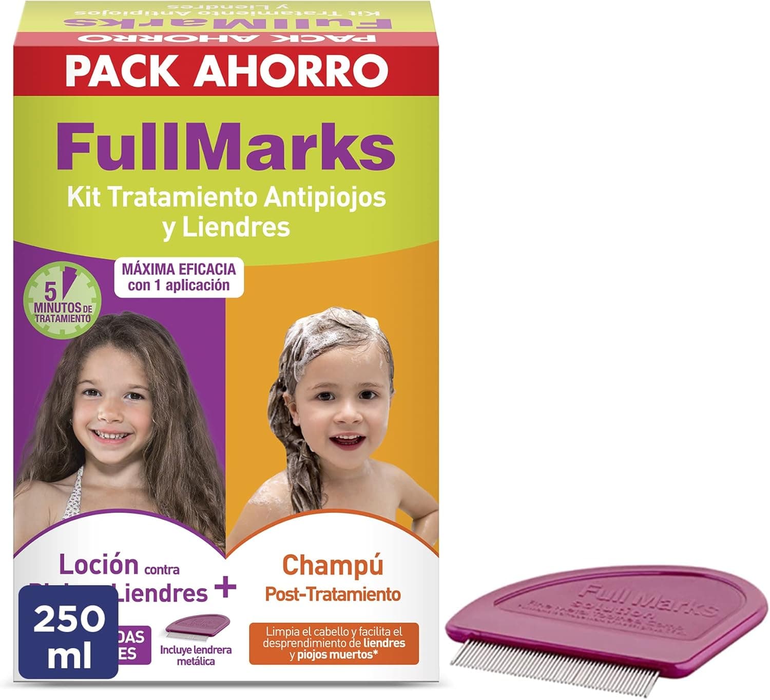 FullMarks Kit tratamento anti-piolhos para crianças, elimina os piolhos, contém loção de 100 ml, champô pós-tratamento 150 ml e lendreira metálica