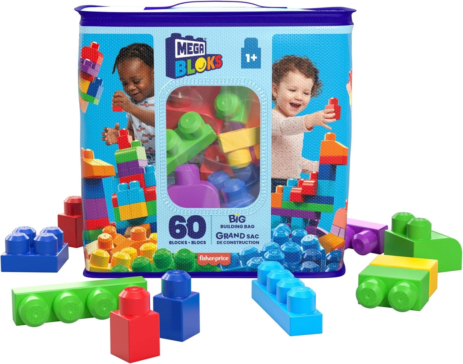 Mega Bloks Mattele DCH55 Jogo de construção, 60 peças, saco clássico e ecológico, para bebés de 1 ano