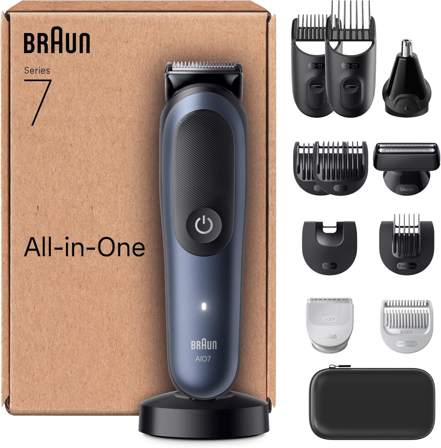 Braun Tudo em uma série 7 AIO7565, kit de styling 13 em 1, ProBlade & AutoSense, 120 Min, SkinGuard e gradiente de barba, AquaGrip para uso debaixo de água, azul