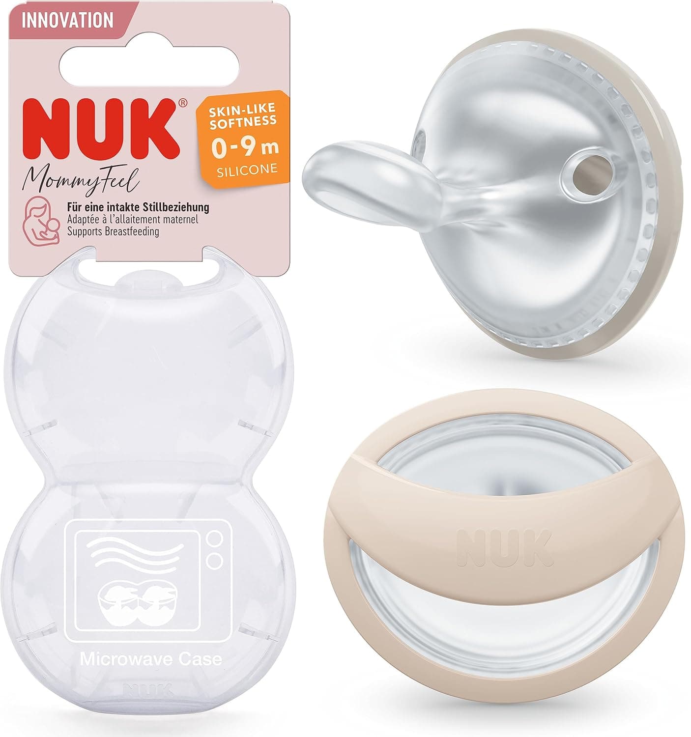 Chupetes da marca NUK. Modelo Schnuller 2er Pack MommyFeel - Silikon 0-9 M - Greige/Sandstone