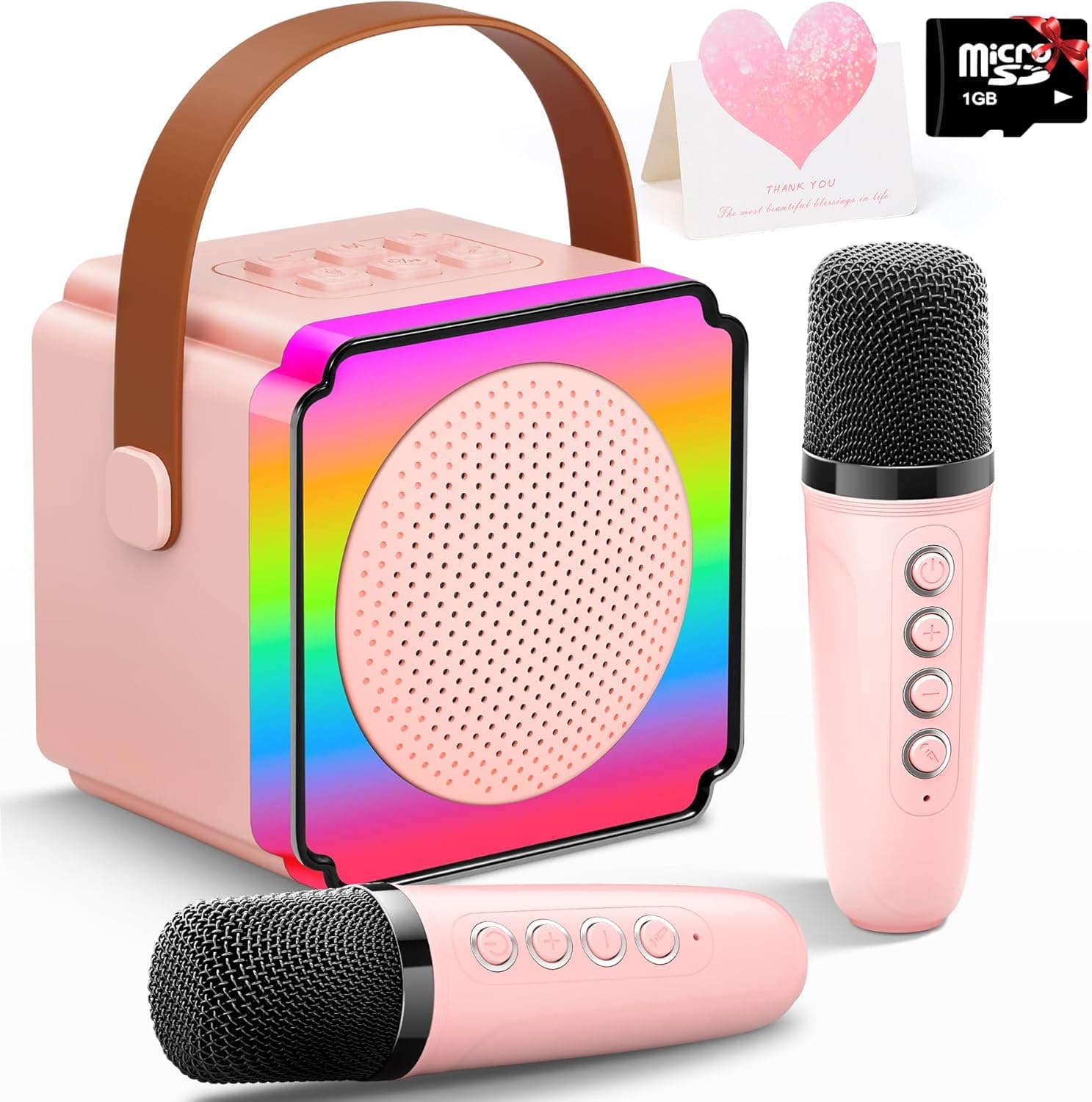 Gontence Brinquedos Karaoke para crianças com 2 microfones, cartão de presente, cartão TF, luzes LED, efeitos de mudança de voz, karaokê presentes para adultos, menina menino 4, 6, 7, 8 anos