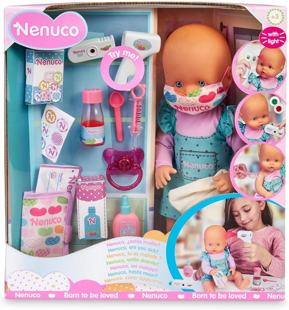 Nenuco Boneco bebé com acessórios para ver se está doente e brincar de médico ou enfermeiro/ou dar todos os cuidados, brinquedo para meninos e meninas de 3 anos, multicolorido