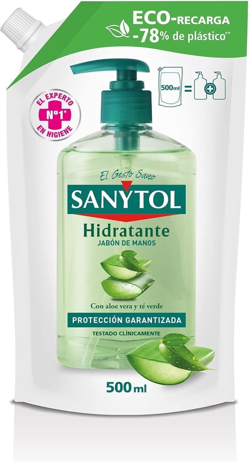 Sanytol - Eco-recarga sabão de mãos hidratante, protege, limpo e hidratado, com aloé vera e chá verde - 500 ml