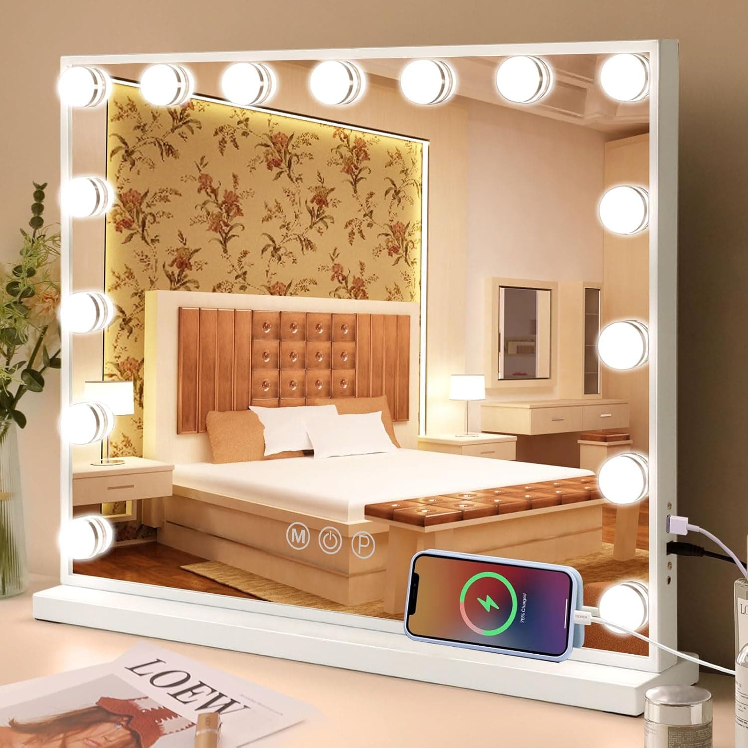 Fenair Espelho maquilhagem com luz espelho toucador 15 lâmpadas, espelho com luz de 3 modos, controlo tátil, espelho toucador com luz USB, espelhos de mesa