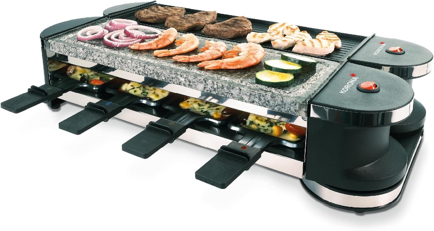 Korona Raclette dobrável 45071 para 8 pessoas, raclette 2 em 1, com 8 frigideiras e espátulas, com placas antiaderentes, flexível utilizável graças à articulação de 90° e 180°, cabo de 2 m
