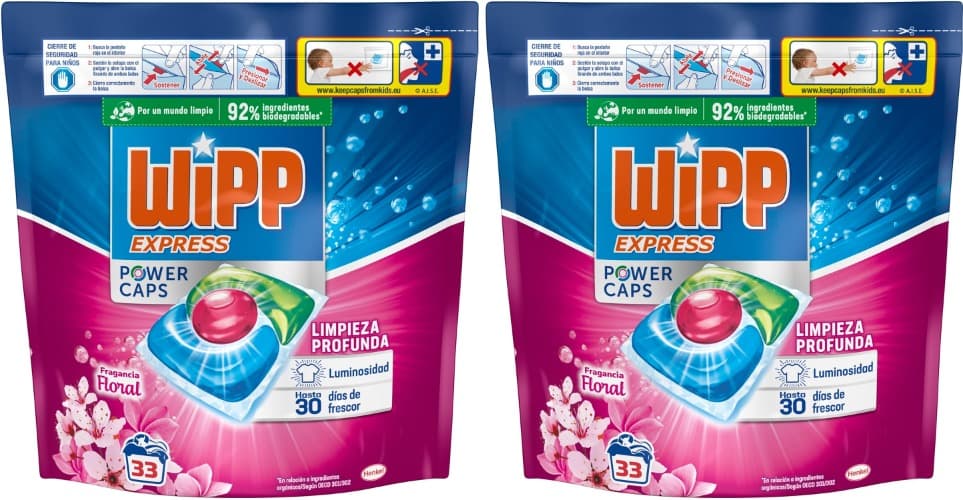 Wipp Express Power Caps Detergente floral em cápsulas, 33 doses, limpeza profunda, eficaz em água fria