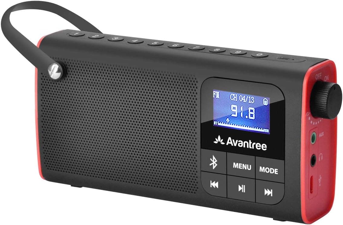 Avantree 3 em 1 rádio FM portátil com coluna Bluetooth e leitor de cartão SD MP3, busca automática e memorização, ecrã LED, bateria recarregável, transistor pequeno - SP850