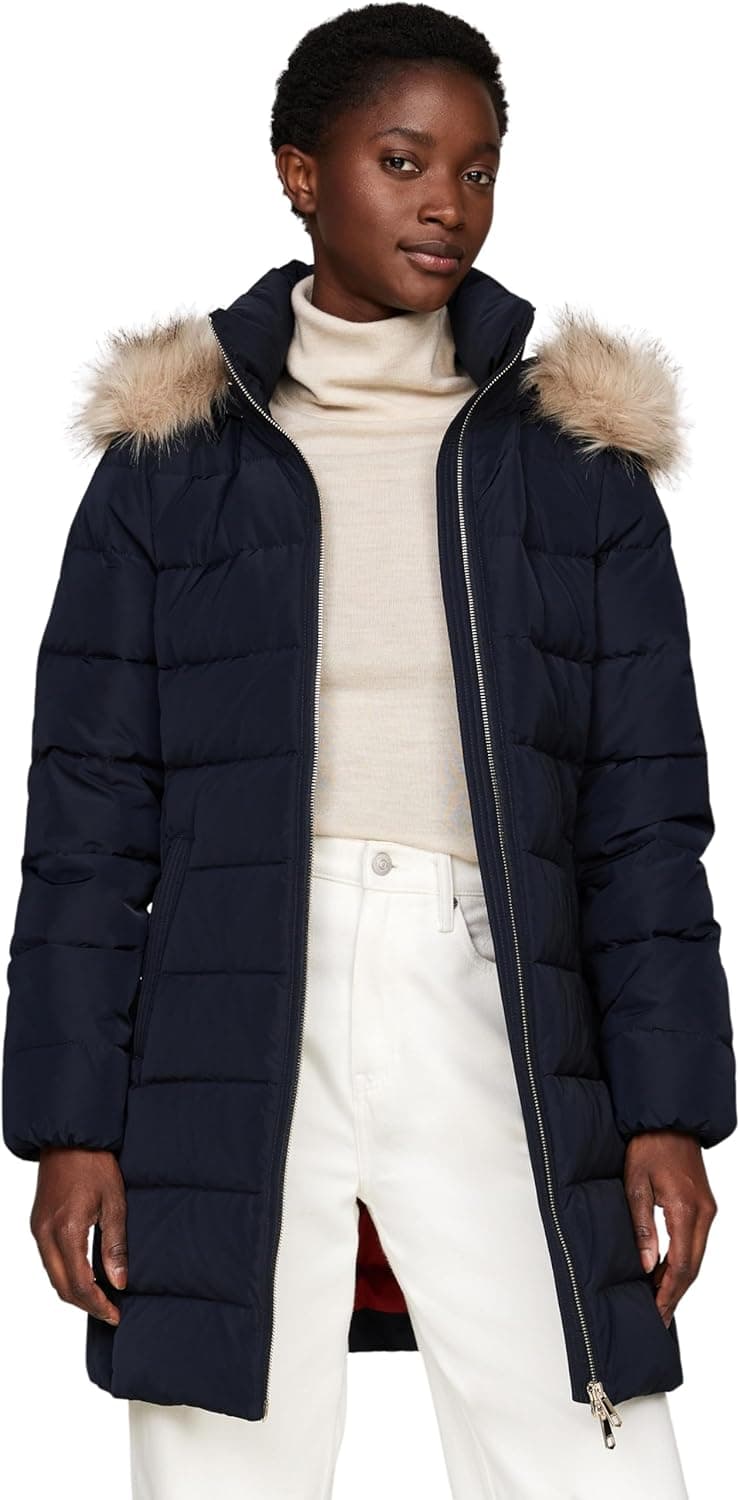 Tommy Hilfiger Casaco de penas para mulher Heritage Down Tyra Coat With Fur com bolsos