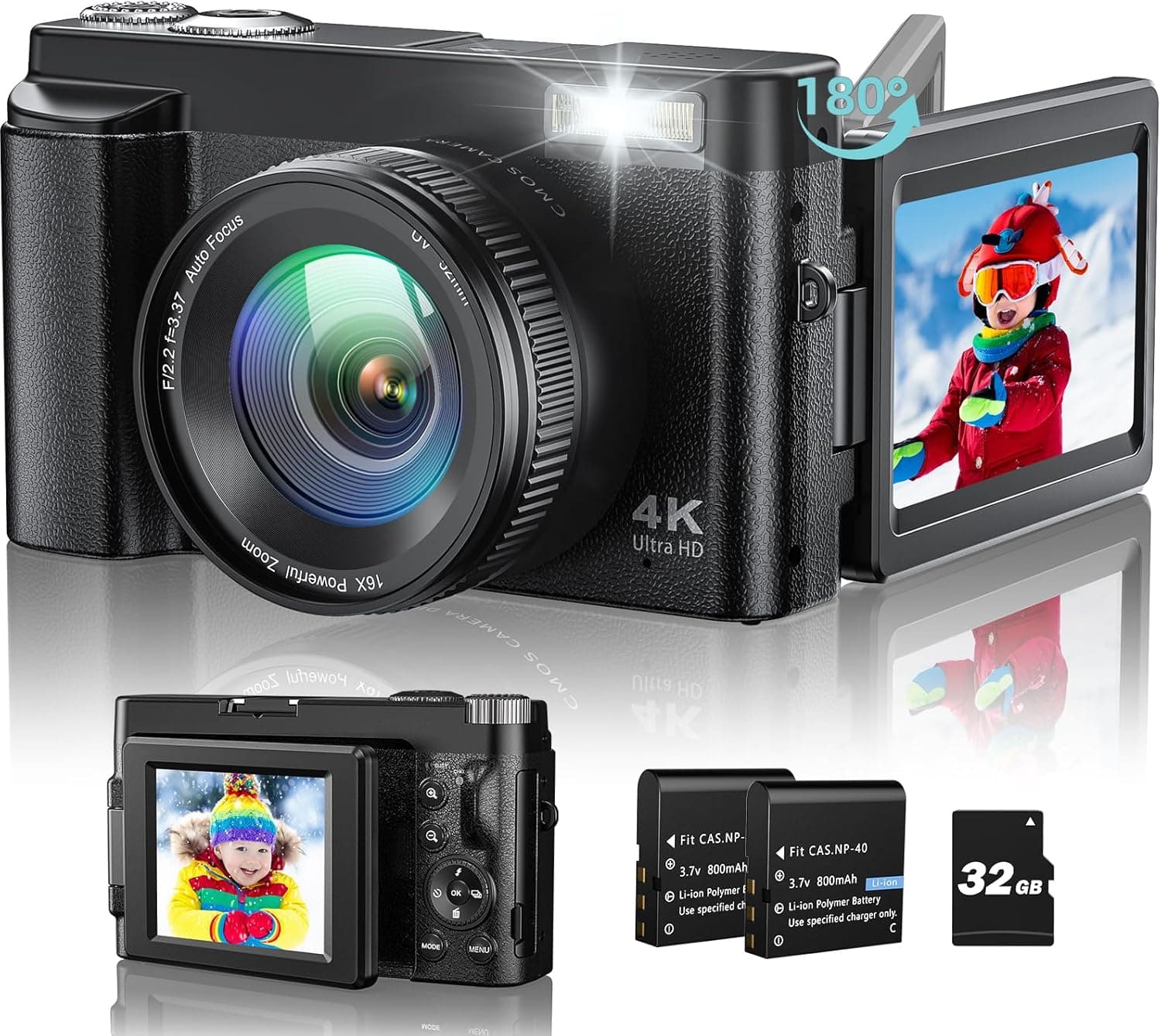 Câmara digital 4K, 48MP Autofocus Vlogging câmara com ecrã de 180° Flip câmara digital compacta com 32G, cartão de memória 16X Zoom digital, 2 baterias para iniciantes (preto)