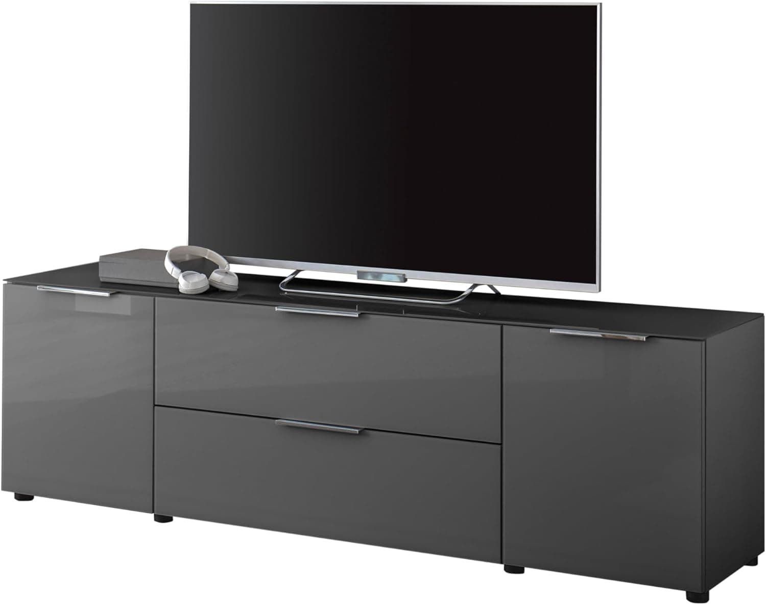 Stella Trading Santorini Armário baixo para TV de até 65 polegadas (180 x 55 x 40 cm), cor antracite, vidro, material de madeira de vidro, 180 cm breit