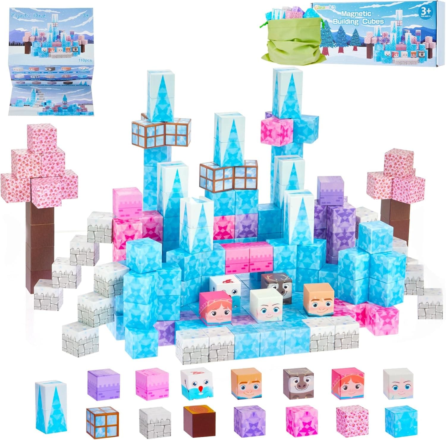 Gleamkid Conjunto de blocos magnéticos - 110 peças de blocos magnéticos - princesa magnética mundo mágico de gelo, azulejos magnéticos, brinquedos magnéticos, cubos magnéticos