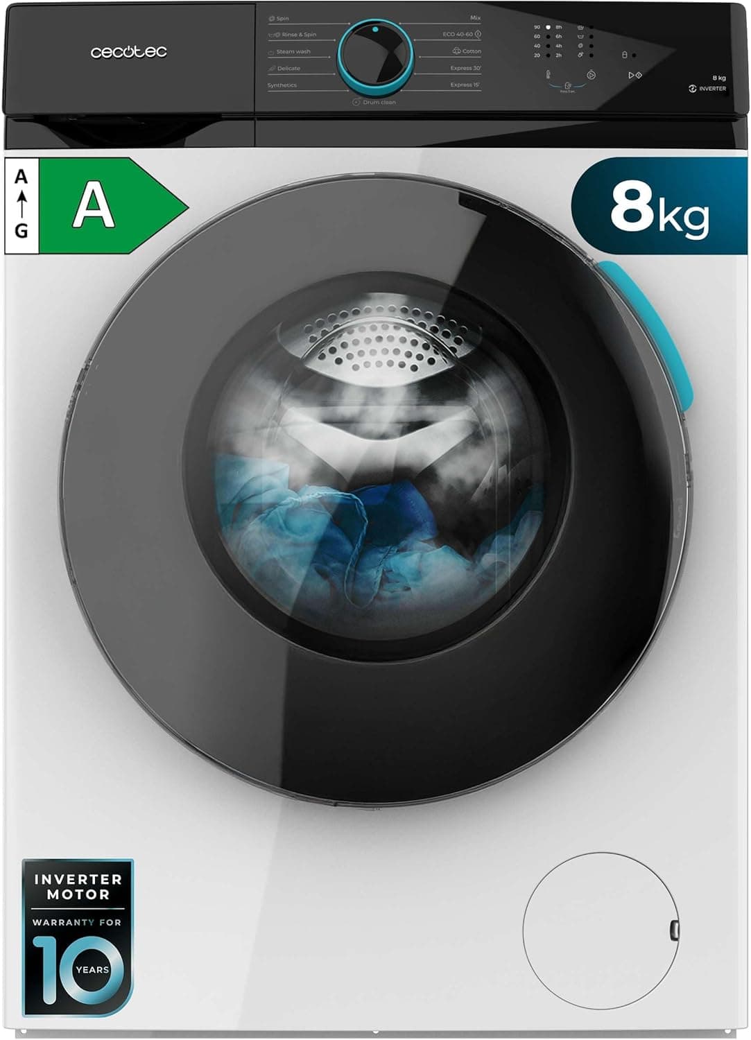 Cecotec Máquina de lavar 8 kg carga frontal Bolero DressCode 8110 Inverter. 1200 RPM, 11 programas, baixo consumo, motor inverter Plus, Steam Max, Drum Clean, programa rápido de 15", Delay Start